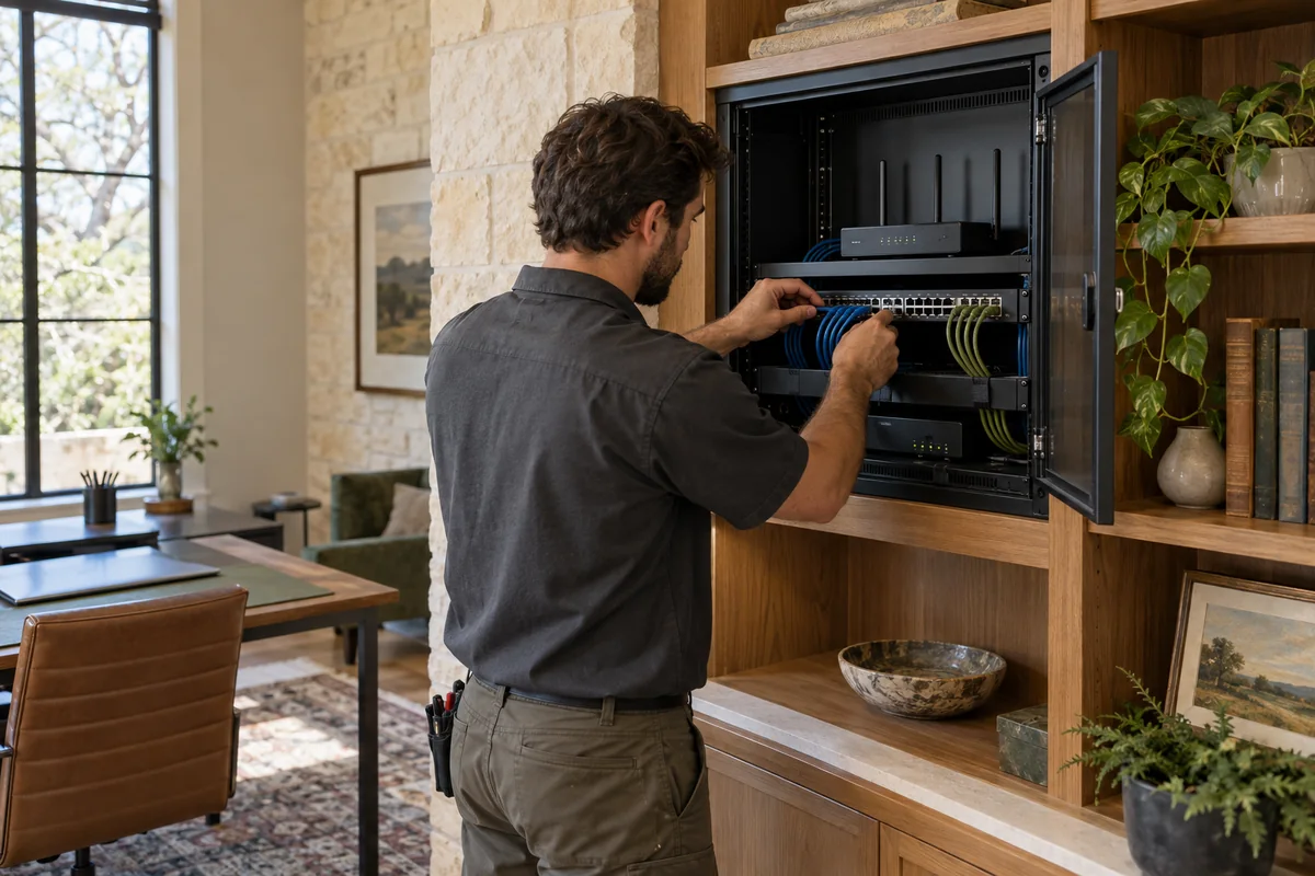 Concept image of a technician checking Ethernet connections in a home network cabinet.