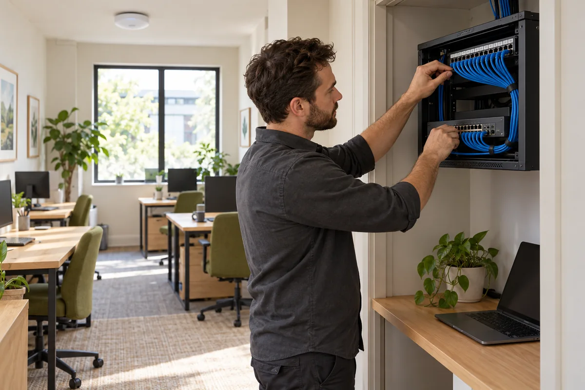 Concept image of network equipment being checked in a small professional office.