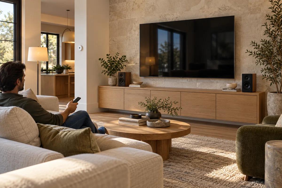 Concept image of a living room with a wall-mounted television, speakers and a smart thermostat.