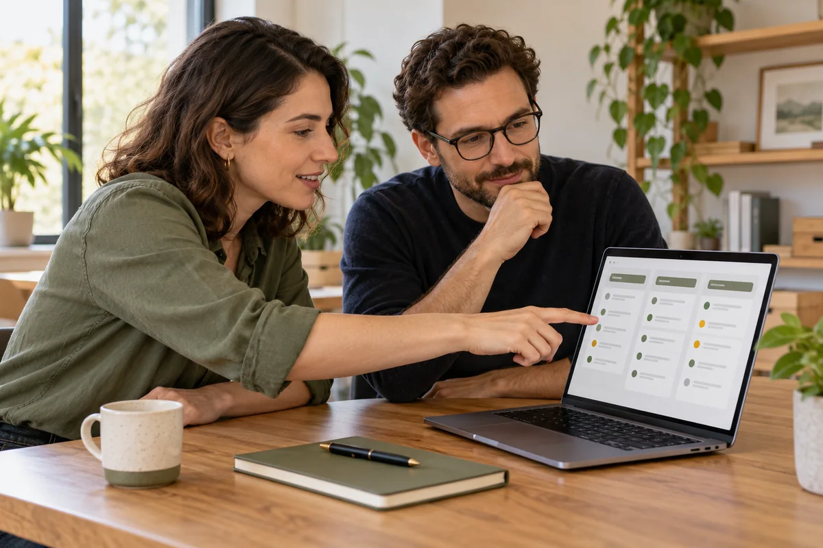 Concept image of two people reviewing a generic task table on a laptop.